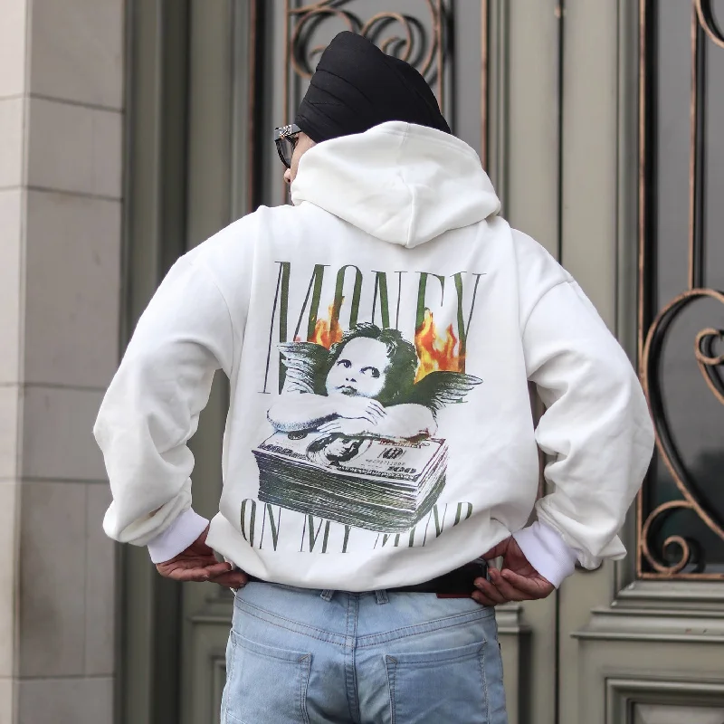 White Money Graphic Oversized Hooded Sweatshirt Hip Men's Retro