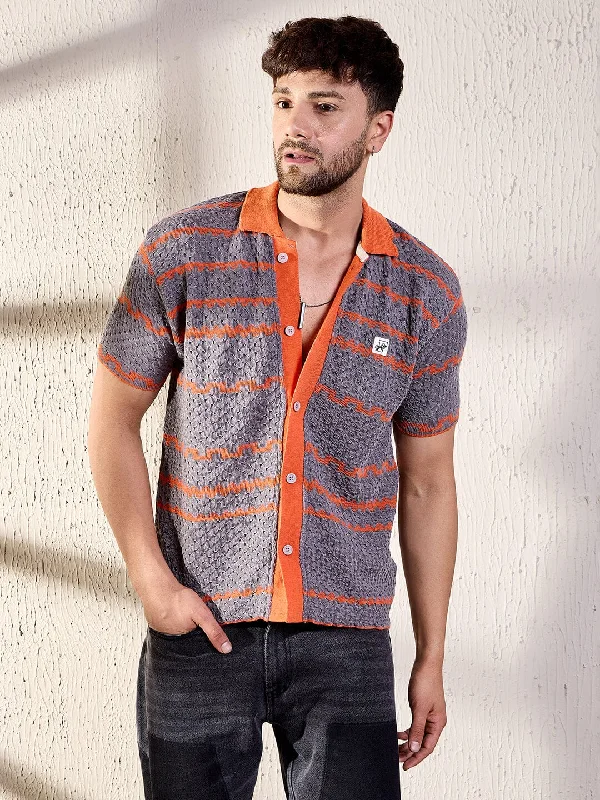 Grey And Orange Striped Crochet Shirt Bold Men's Statement