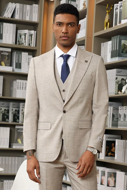 Men's One Button Stacy Adam's Peak Lapel Vested Summer Windowpane Plaid Suit in Light Tan Vacation Men's One Button Stacy Adam's Peak Lapel Vested Summer Windowpane Plaid Suit in Light Tan Vacation