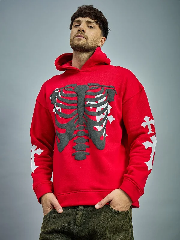 Red Fleece Rib Cage Graphic Oversized Hoodie Stylish Men's Neon