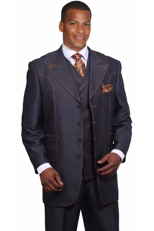 Mens Vested 4 Button Wide Peak Lapel Denim Blue Jeans Suit in Navy Blue Dynamic Men's Moto