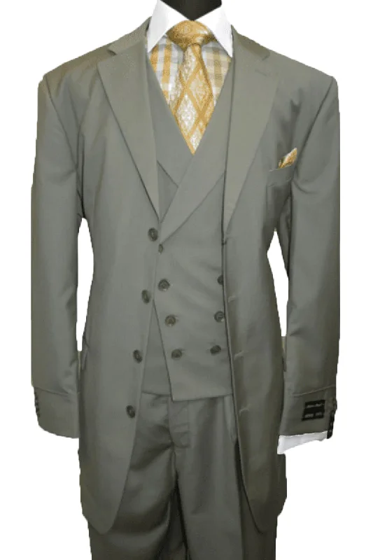 Mens 4 Button Fashion Suit with Double Breasted Vest in Olive Green Sleek Men's Contemporary Mens 4 Button Fashion Suit with Double Breasted Vest in Olive Green Sleek Men's Contemporary