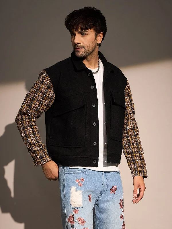 Black Woollen Contrast Sleeves Aviator Jacket Beach