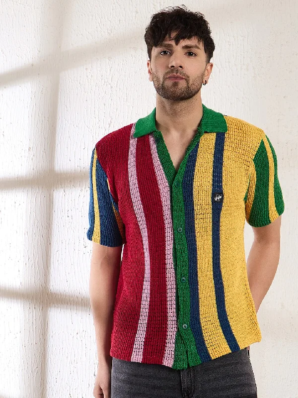 Technicolour Striped Crochet Shirt Casual Men's Japanese 
