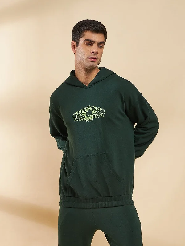 Moss Green Embroidered Oversized Hoodie Vintage Men's 1970S Disco