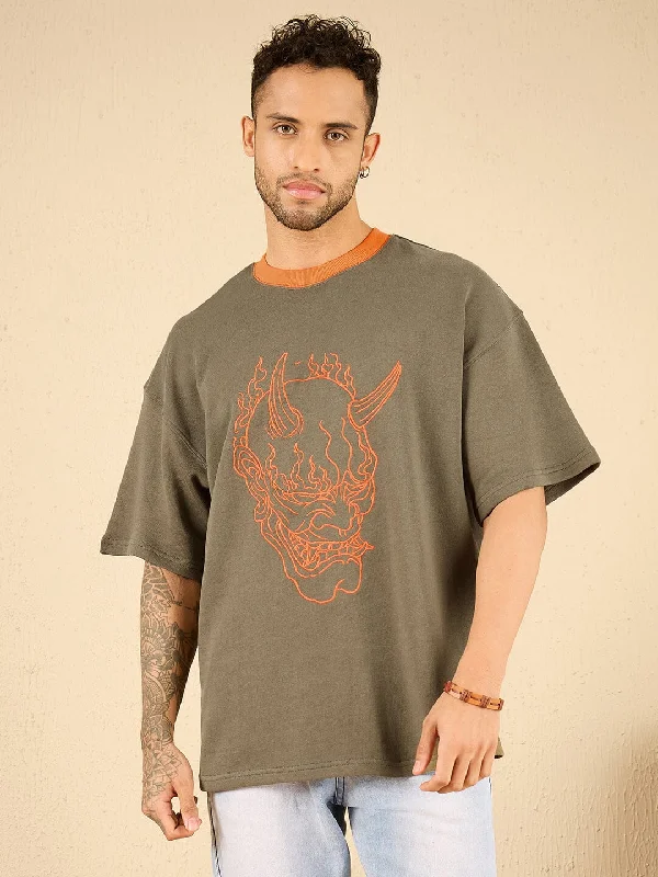 Khaki Demon Embroidered Oversized Tshirt Practical Men's Quick