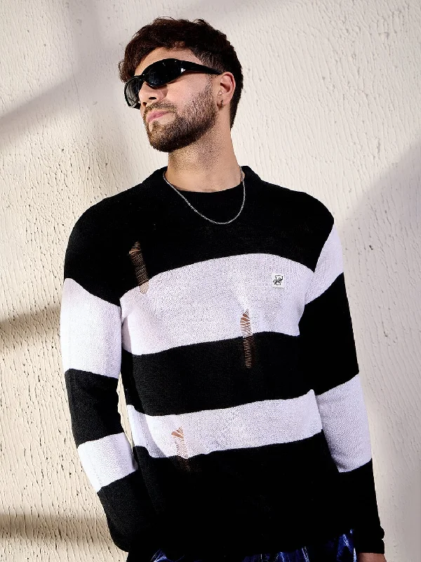 Black And White Damaged Striped Knitted Tshirt Athletic Men's Compression