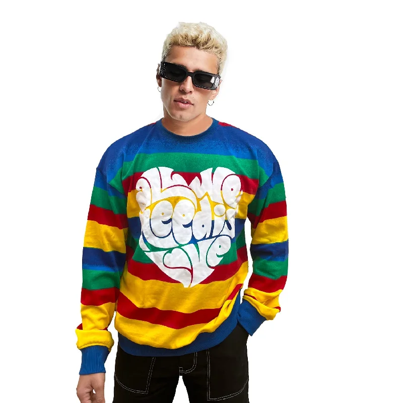 Technicolour Striped Oversized Graphic Sweatshirt Cool Men's Distressed