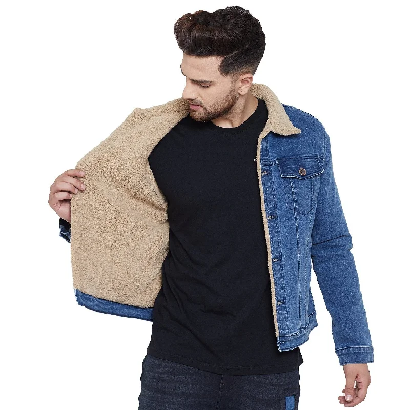 Dark Blue Faux Fur Lined Sherpa Denim Jacket Refined Men's European