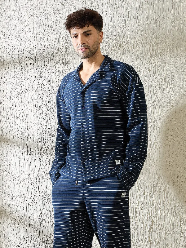 Navy Pinstriped Cuban Shirt Unique Men's Upcycled