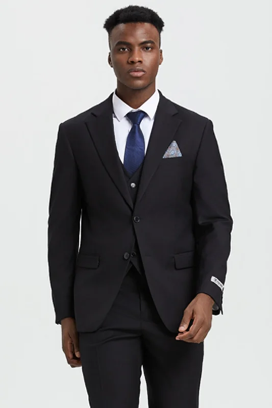 Men's Two Button Vested Stacy Adams Designer Basic Suit in Black Adventure