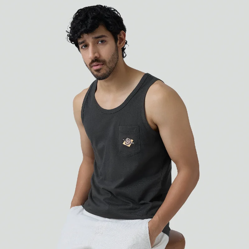 Renew Combed Cotton Tank Tops Charcoal Grey Trendy Men's Bucket
