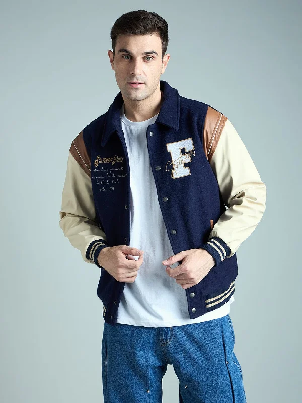 Navy Statement Woollen Varsity Jacket Trendy Men's Bucket