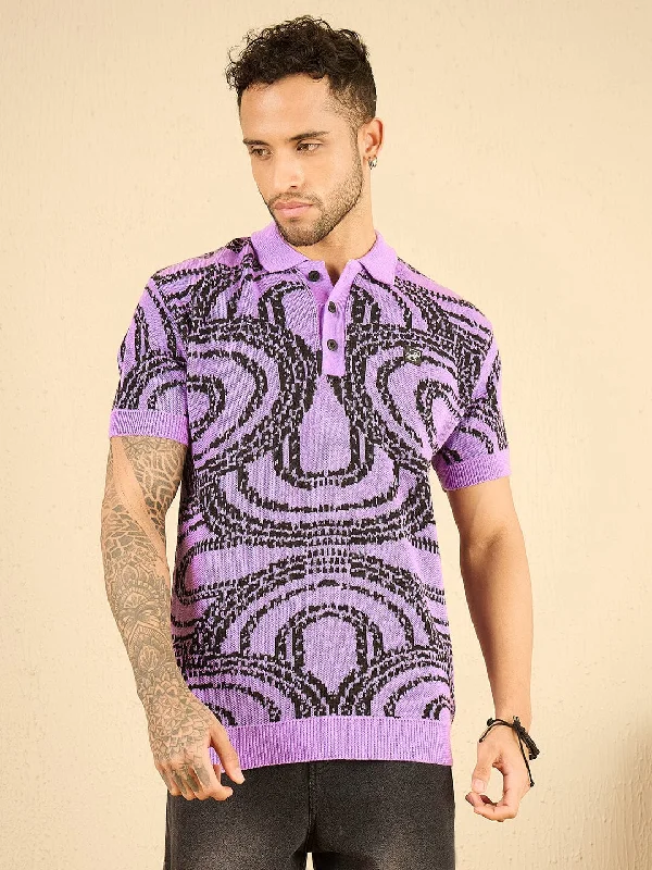 Purple Abstract Knitted Polo Tshirt Trendy Men's Scandinavian