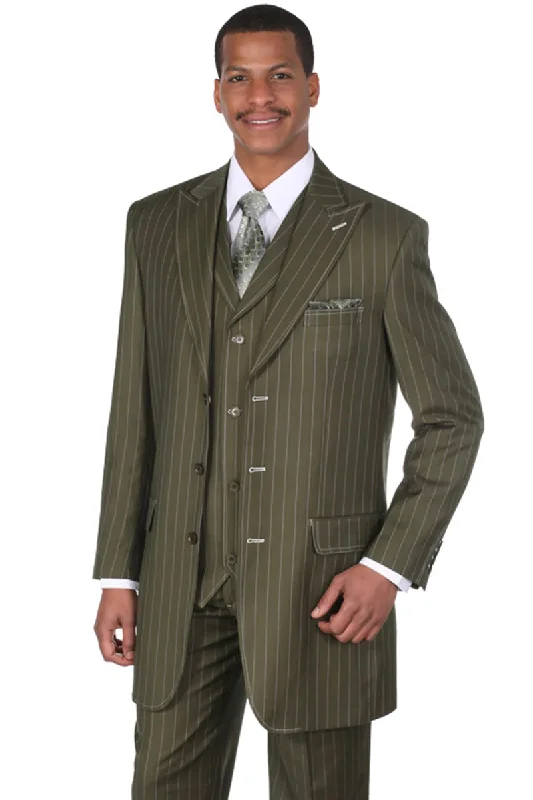 Mens Vintage Vested Gangster Bold Pinstripe Fashion Suit in Olive Green Tough Men's Tactical