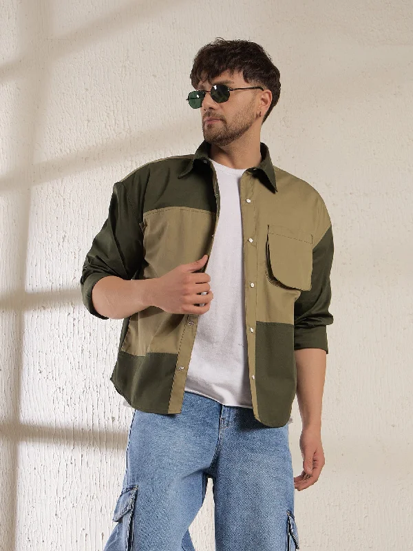 Olive Contrast Panel Oversized Shirt Monochromatic All