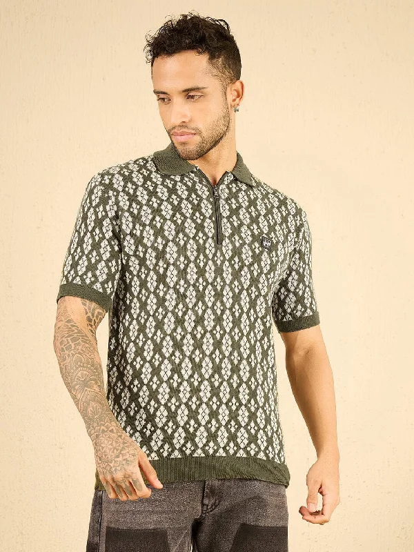 Olive Printed Knitted Zipped Polo Tshirt Sporty Men's Athleisure 