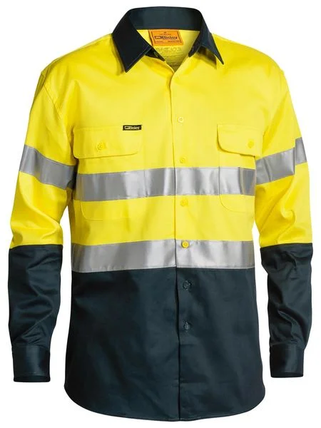 Bisley 2 Tone Hi Vis Shirt 3M Reflective Tape - Long Sleeve - Yellow/Bottle (BT6456) Modern Men's Tech