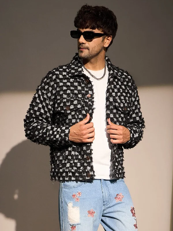 Black Frayed Denim Oversized Jacket Sophisticated Men's French