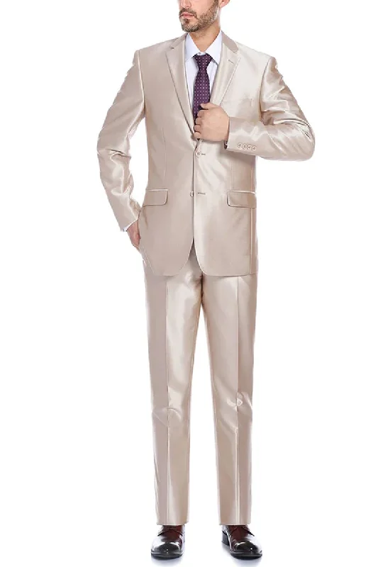 Mens Basic Two Button Slim Fit Suit with Optional Vest in Shiny Champagne Tan Sharkskin Gym Mens Basic Two Button Slim Fit Suit with Optional Vest in Shiny Champagne Tan Sharkskin Gym