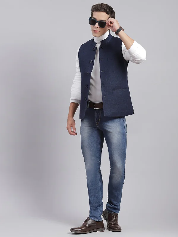Men Navy Blue Solid Mandarin Collar Sleeveless Nehru Jackets Sophisticated Men's 