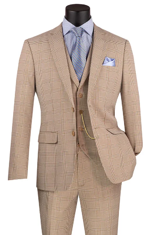 Men's Slim Fit Vested Glen Plaid Summer Business Suit in Beige Trendy Men's Scandinavian