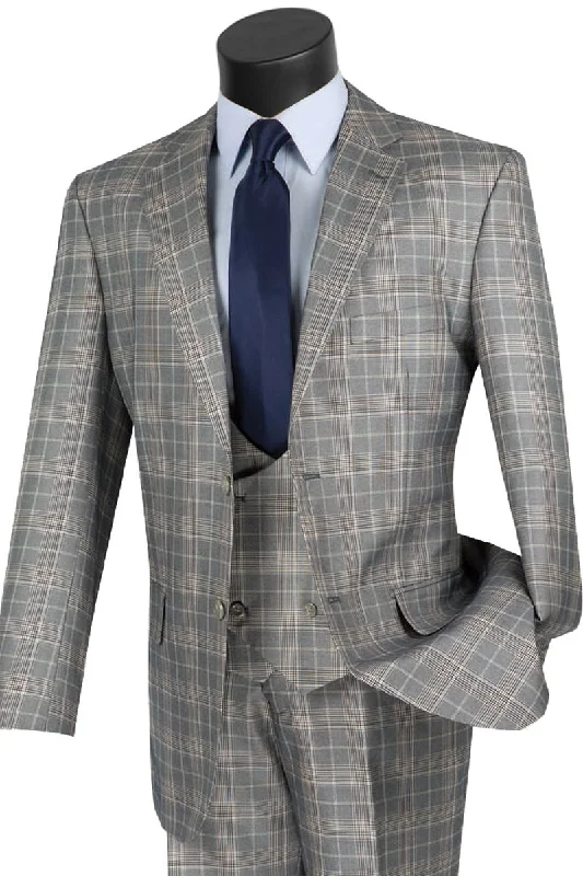 Mens 2 Button Vested Peak Lapel Plaid Windowpane Suit in Grey Street