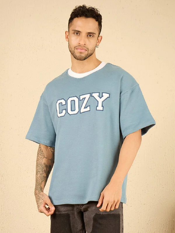 Blue Cozy Embroidered Oversized Tshirt Tailored