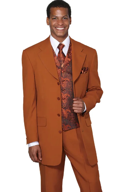 Mens 4 Button Long Vested Fashion Suit in Rust with Paisley Vest Streetwear Style