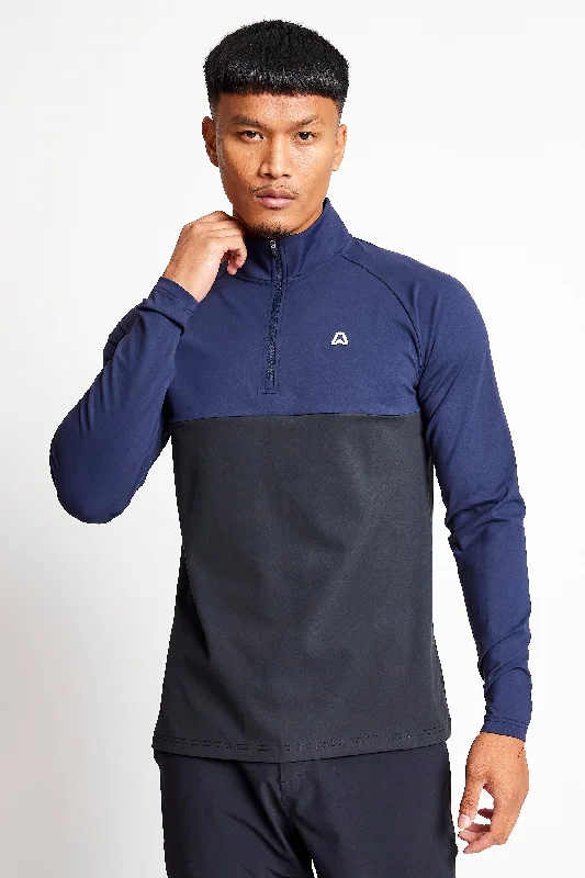 Slim Fit Coloured Blocked 1/4 Zip Top  - Putter Black / Ace Navy British Gentleman Style