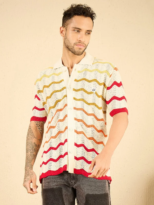 Ecru Wavy Stripes Crochet Shirt Refined Men's Velvet