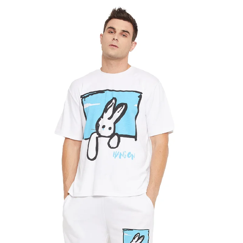 Hang On White Printed Oversized Tee Trendy Men's Oversized