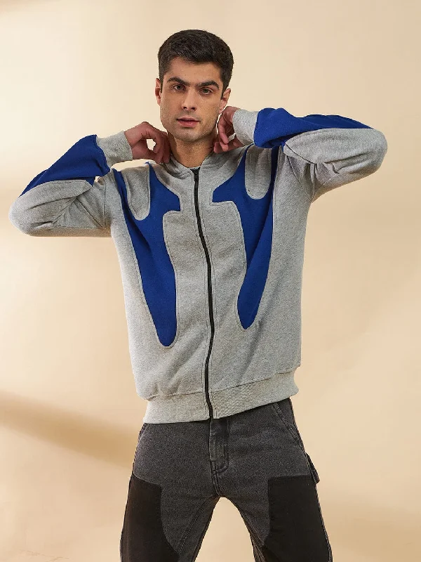 Grey & Royal Blue Cut Sew Zipped Hoodie Unique Men's Patch