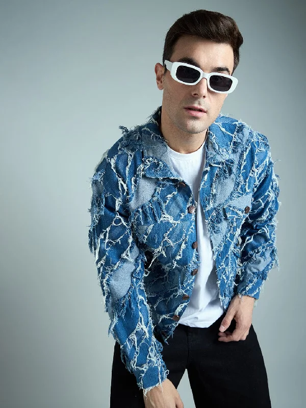 Indigo Heavy Damage Denim Cropped Jacket Modern Men's Geometric
