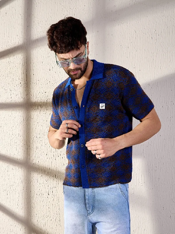 Blue & Brown Pattern Crochet Shirt Gym