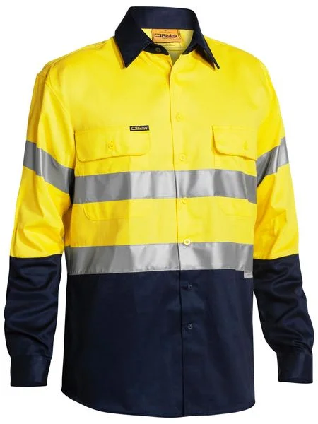 Bisley 2 Tone Hi Vis Shirt 3M Reflective Tape - Long Sleeve - Yellow/Navy (BT6456) Streetwear Style