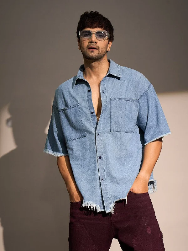 Ice Damaged Hem Short Sleeve Oversized Shirt British Gentleman Style