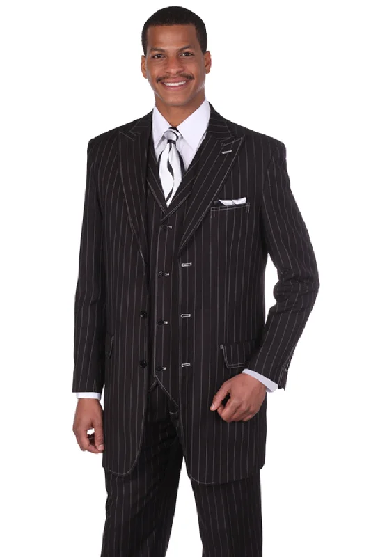 Mens Vintage Vested Gangster Bold Pinstripe Fashion Suit in Black and White Casual Men's Japanese Mens Vintage Vested Gangster Bold Pinstripe Fashion Suit in Black and White Casual Men's Japanese