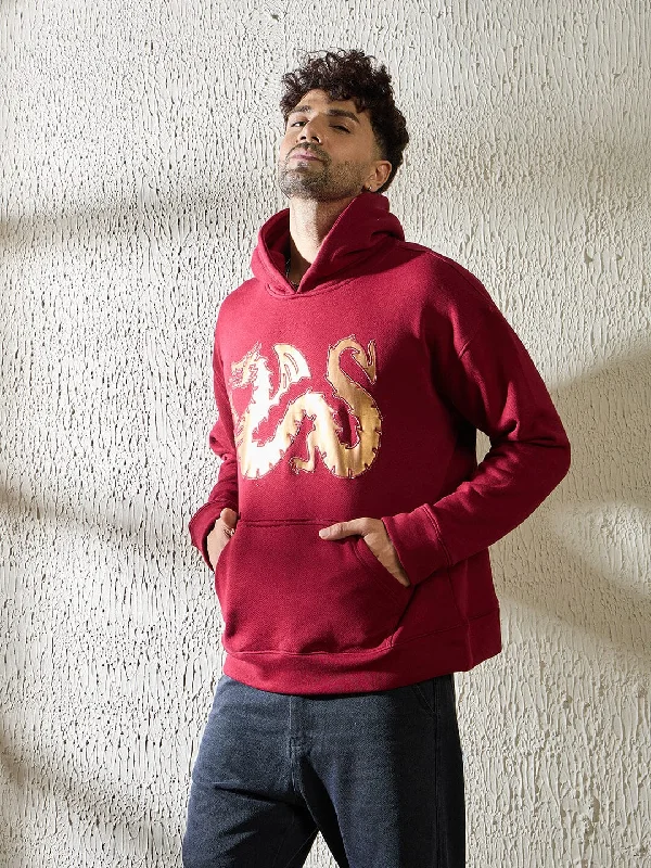 Wine Golden Dragon Oversized Hooded Sweatshirt Dapper Men's 1920S