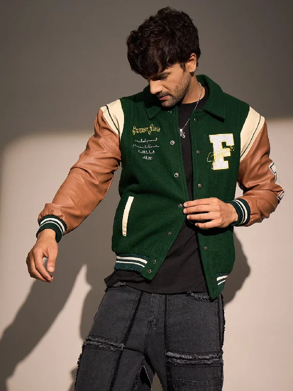 Green Statement Woollen Varsity Jacket Trendy Men's Scandinavian