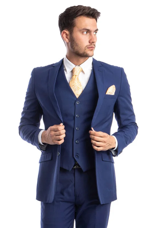 Men's Two Button Basic Hybrid Fit Vested Suit in Indigo Blue Trendy Men's Bucket