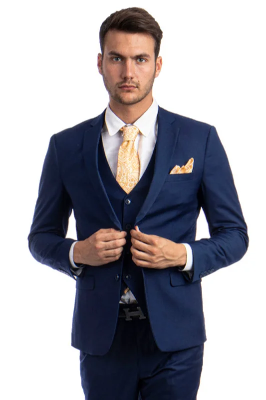Men's Two Button Slim Fit Vested Solid Basic Color Suit in Indigo Blue Sporty Men's Athleisure Men's Two Button Slim Fit Vested Solid Basic Color Suit in Indigo Blue Sporty Men's Athleisure