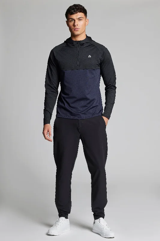 Fleece Back Colour Blocked 1/4 Zip Hoodie - Putter Black / Ace Navy Unique Men's Patch