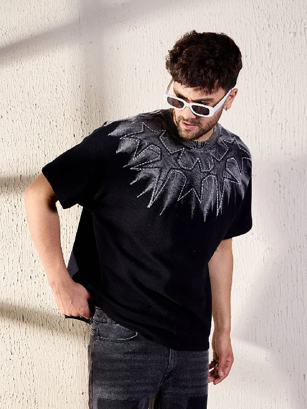 Black Ombre Star Embroidery Oversized Tshirt Cozy Men's Sherpa