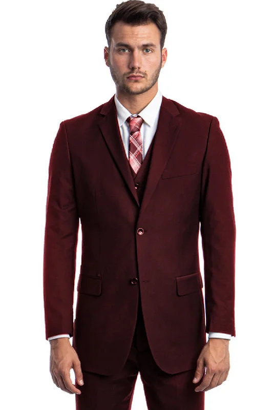 Men's Vested Two Button Solid Color Wedding & Business Suit in Burgundy Casual Men's Short