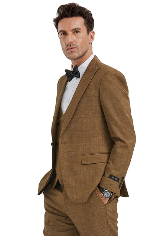 Men's Slim Fit One Button Peak Lapel Suit with Double Breasted Vest in Camel Sharkskin Luxurious Men's High Men's Slim Fit One Button Peak Lapel Suit with Double Breasted Vest in Camel Sharkskin Luxurious Men's High