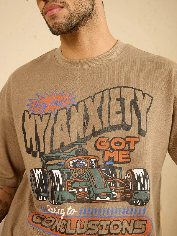Beige Racing Graphic Oversized Tshirt Cclassic Men's Tweed