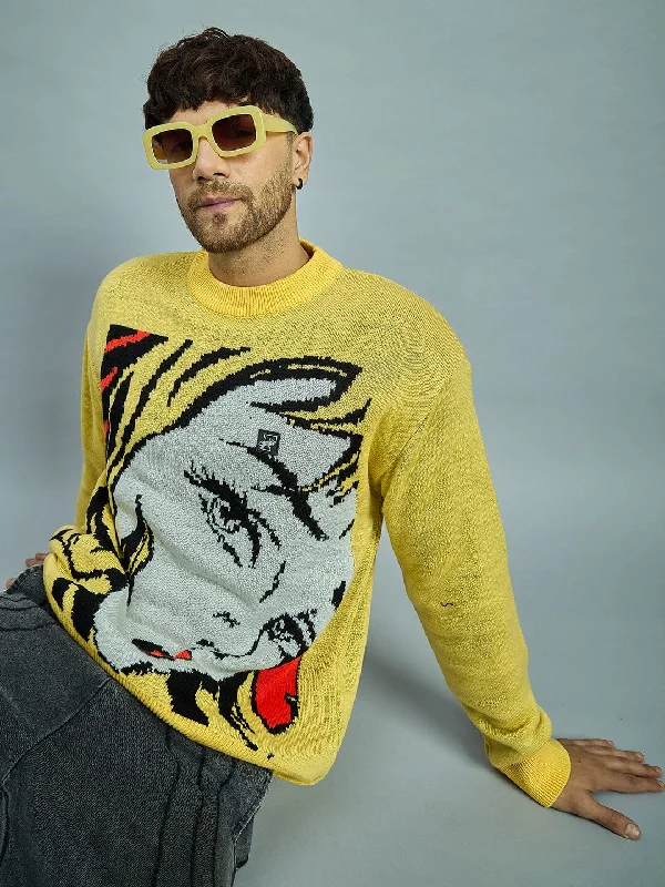 Yellow Girl Face Oversized Sweater Casual Men's Japanese 