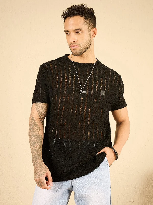 Black See Through Knitted Tshirt Sleek Men's Contemporary 