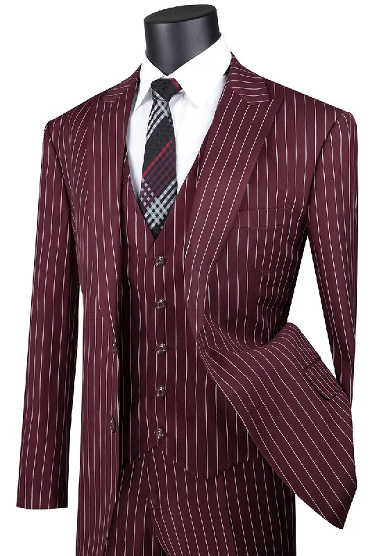 Mens Vested Bold Gangster Pinstripe Suit in Burgundy Athletic Men's High
